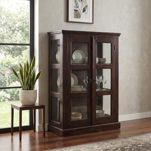 Image of SONA ART & CRAFTS Sheesham Wood Wooden Crockery Cabinets with Glass Door | Wooden Showcase Almirah | Book Shelf Crockery Unit for Home & Kitchen Living Room - (Walnut)