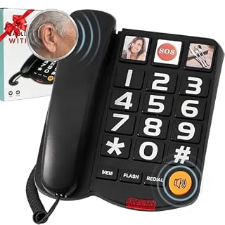 Amplified (110dB) Landline Phone for Seniors & Hearing Impaired - Hearing Aid Compatible, Large Button Corded Phone with 3 Photo Speed Dial, Speakerphone - Black
