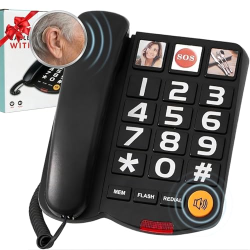 Extra-Loud (110dB) Landline Phone for Seniors & Hearing Impaired - Hearing Aid Compatible, Large Button Corded Phone with 3 Photo Speed Dial, Speakerphone - Black, Ideal Mother's