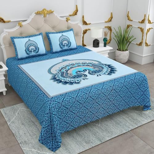 Image of Pure 100% Cotton Double Bed Sheet with 2 Pillow Covers (Bedsheet for Double Bed Cotton, Multicolour Jaipuri, Double Bed Sheet (Sky Blue & White, 90X100 Inch)