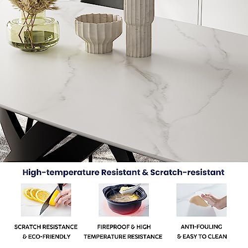 POVISON Modern Dining Table for 6, Matte White Dining Table Sintered Stone Dining Table Top with X-Shape Carbon Steel Pedestal Table, 71 inch Rectangle Dining Table for Dining Room Table