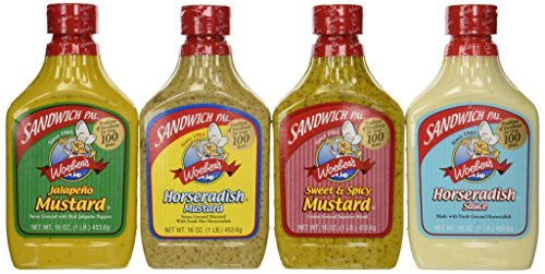 Woeber's Sandwich Pal 4 Flavor Variety Bundle: (1) Horseradish Mustard, (1) Sweet & Spicy Mustard, (1) Jalapeno Mustard & (1) Horseradish Sauce, 16 Oz. Ea. (3 Pack) #TOP11