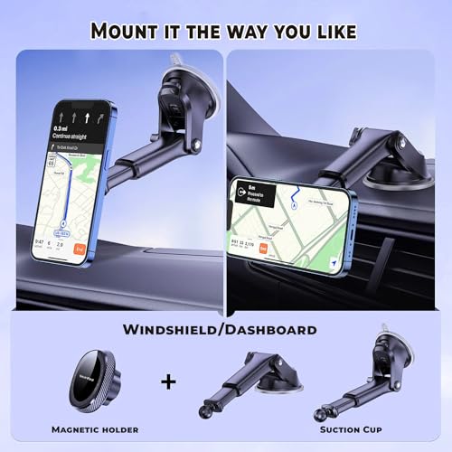 Image of Compatible for MagSafe Car Mount, Magnetic Phone Holder for Car Dashboard Windshield iPhone Car Mount Holder Compatible with iPhone 14 13 12 Pro Plus Max Mini MagSafe Mount, 17 Strong Magnets