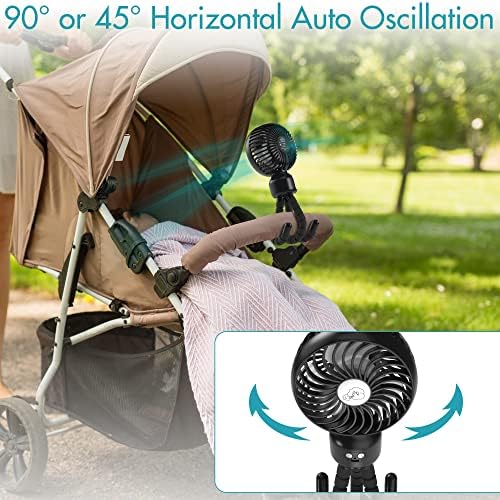 Battery Operated Stroller Fan, 4000mAh Rechargeable Personal USB Fan Max. 20H Duration, 3 Speeds Automatic Oscillation Portable Desk Fan, Flexible Tripod Clip on Treadmill Stroller Crib Tent Traveling