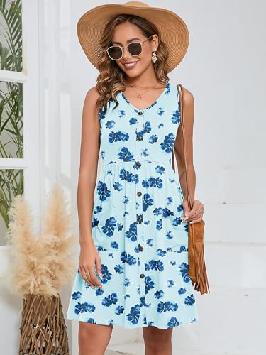 Image of Heymoments Women's Summer Dresses Sleeveless Casual Fashion Loose Swing Button Down Beach Dress with Pockets