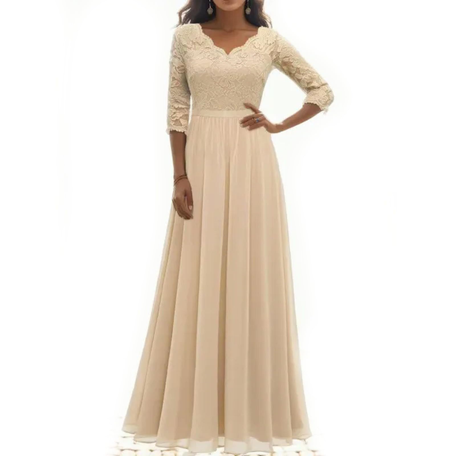 ARESU Vestido Elegante de Gasa de Encaje para Mujer, Vestido Largo Liso de Manga 3/4 con Agujeros, Corte en A, Vestidos Formales para Bata de Invitados de Boda