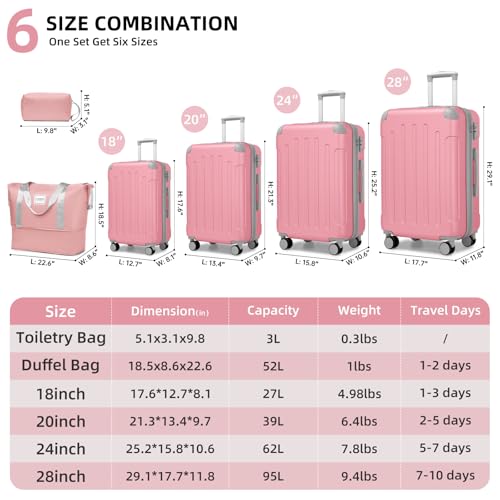 Image of LARVENDER Luggage Sets 6 Piece Hardshell Expandable Suitcases with Spinner Wheels TSA Lock, Lightweight ABS Travel Carry On Luggage Set for Women, Pink Grey