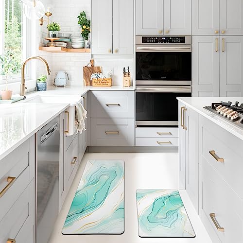 Teal Marble Kitchen Rugs Anti Fatigue Kitchen Floor Mat 2/5 Inch Thick Cushioned Memory Foam Abstract Golden Washable Comfort Standing Mat Kitchen Runner Rug For Sink Laundry, Set Of 2 #TOP4
