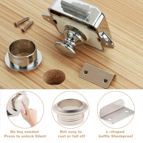 2 Stück Cabinet Push Button Lock, Push Button Catch Door Lock Metal, Verriegelung Schubladen Druckschloss, Schlüsselloses Druckknopfschloss, für Wohnmobile, Yachten