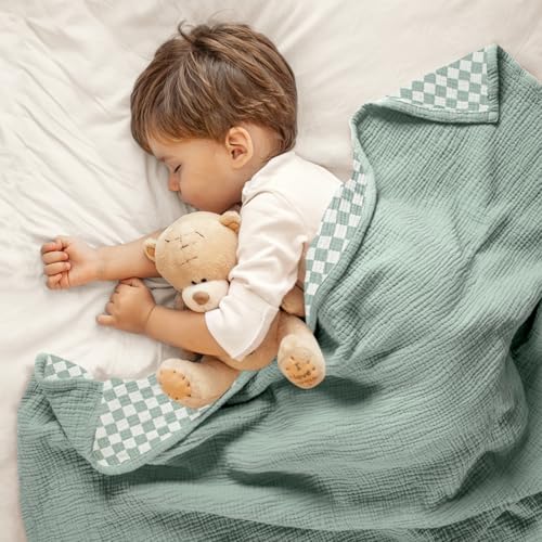 Image of lulumoon Muslin Baby Blanket Neutral: Cotton Toddler Blanket for Daycare | Reversible Cotton Crib Blanket for Daycare - Breathable Baby Swaddle for Stroller & Travel, 47x47in (Sage Checkered)