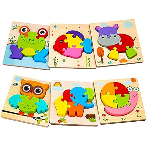 SKYFIELD Wooden Animal Puzzles for 1 2 3 Years Old Boys Girls, Toddler Educational Developmental Toys Gift with 6 Animals Baby Montessori Color Shapes Learning Puzzles Cover