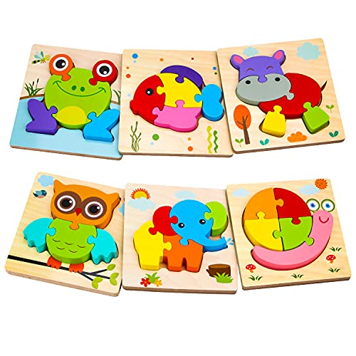 Image of SKYFIELD Wooden Animal Puzzles for 1 2 3 Years Old Boys Girls, Toddler Educational Developmental Toys Gift with 6 Animals Baby Montessori Color Shapes Learning Puzzles