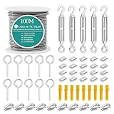 100M Kit de Cuerda de Alambre de 1/16, Cable de Acero Inoxidable 304 con Revestimiento de Vinilo, Tensor para Cables de...