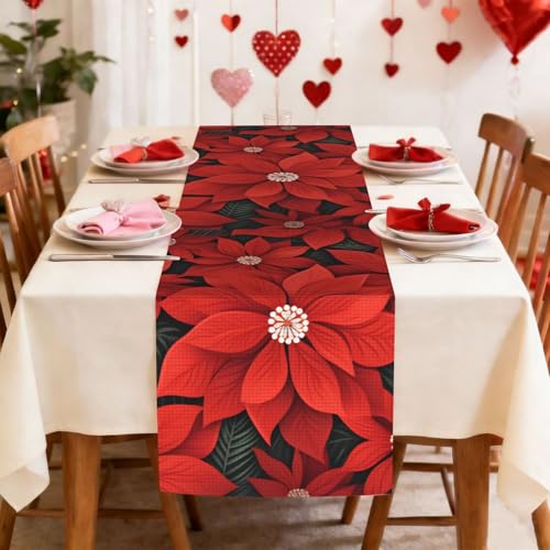 Chemin de table Poinsettia imitation lin de noël 33x183 cm