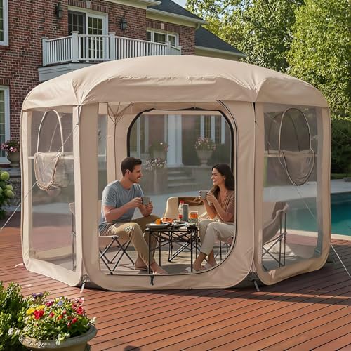 Porayhut Pop up Bubble Tent Screen House 10’X10’Large Camping Sun Shelter,Weather and Cold Proof Pod with Detachable Sunshade Cloth,Waterproof Floor,2 Zipper Doors & 4 Mesh Breathable Windows