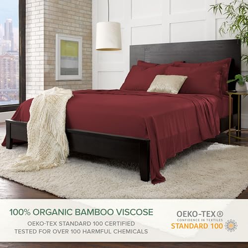Image of Pure Bamboo Split King Sheets, Genuine 100% Organic Viscose Derived from Bamboo Bed Sheet Set, Soft & Cooling, Double Stitching, 2 Fitted Sheets (Split King, Merlot)