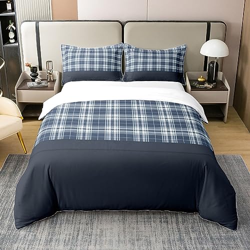 Geometric 100% Cotton Duvet Cover for Kids Boys Girls,Modern Navy Blue Checkered Bedding King,Southwest Vintage Comforter Cover,Retro Plaid Bed Sets with 2 Pillowcases for Bedroom