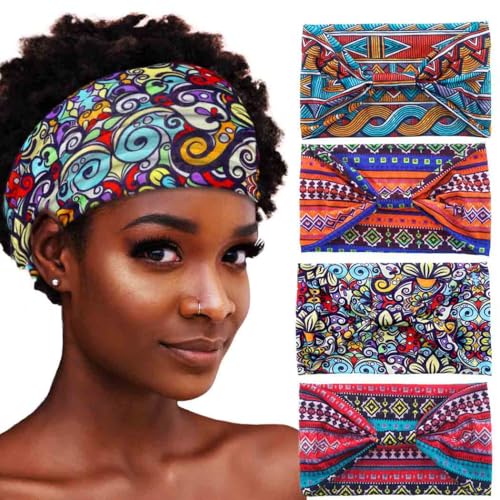 Aceorna African Headbands Boho Knotted Hairbands Stretch Wide Head Wraps Elastic Yoga Turban Hair Scarfs Workout Printed Hair Accessories for Women Pack of 4 (Style F)