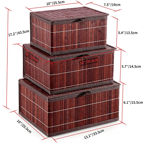 Honygebia Brown Bamboo Decorative Storage Boxes - Rectangle Lined Basket With Lids Organizer For Shelf (Set Of 3) #TOP4