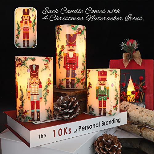 Image of Nutcracker Christmas Flameless Candles Battery Operated Flickering LED Candles with Remote Timer, Real Wax Pillar Candles for Holiday Party Home Decoration Christmas Gifts, Set of 3