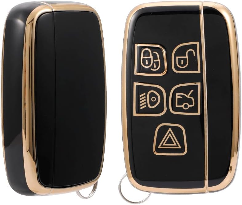 Keyzone TPU car Key Cover Compatible for Jaguar / Range Rover Evoque Velar Discovery LR4 Land Rover Sport XF XJ XE F-PACE F-Type 5 Button Smart Key (Gold Black)