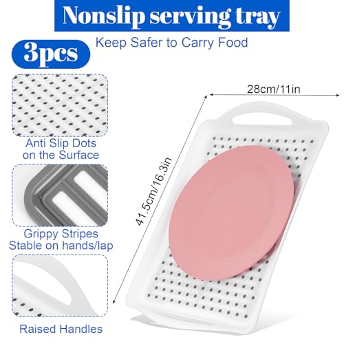 3 Packs Non Slip Serving Tray with Handles, White TPR Material, 41.5 X 28cm, Food Grade Safe Serving Tray Dishwasher Safe Food Carrying for Plates, Glasses, Dishes