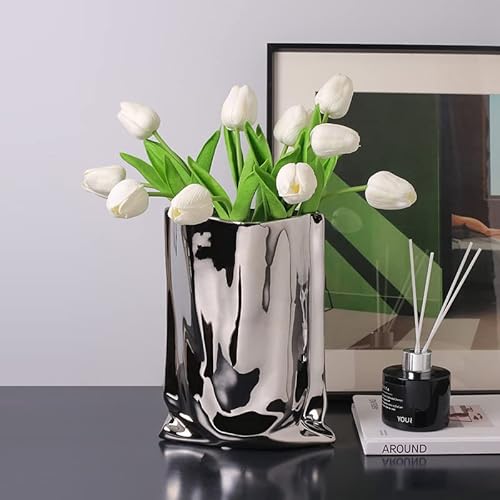 Sliver Ceramic Vase - 9.1 Inch Tall Flower Vase Minimalist Nordic Style For Home Decor, Centerpiece Vases For Wedding Dinner Table Party Living Room Office Bedroom #TOP5