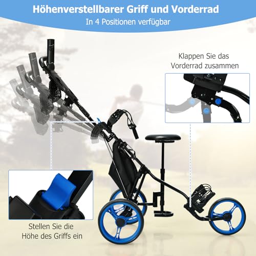 COSTWAY Wózek golfowy, 3-kołowy składany wózek golfowy, caddy golfowy z aluminium z siedziskiem, regulowane uchwyty i przednie koło, wózek golfowy z uchwytem na parasol i torbą do przechowywania