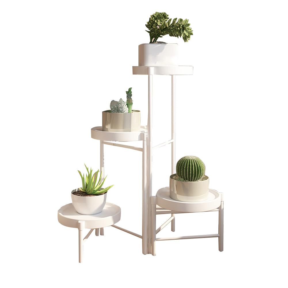4 Etagen Pflanzenständer Metall Blumenständer Pflanzenregal Blumenregal Indoor Outdoor, Faltbar Blumentreppen mit Abnehmbaren Tabletts für Garten Balkon Wohnzimmer, Weiß Stil B