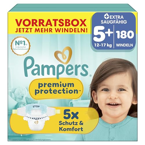 Pampers Premium Protection Größe 5+ 180 Windeln 12kg-17kg unser Nr. 1 Haut- und Auslaufschutz