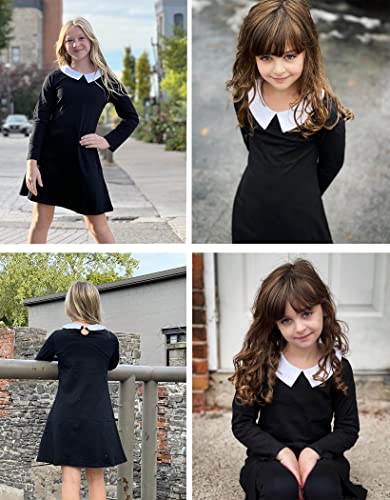 Arshiner Girls Solid Color Peter Pan Collar Vintage Dress A Line Swing Black Dress For School7-8 Years #TOP3