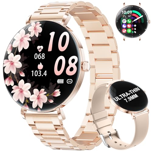 Reloj Inteligente Mujer, 1.43' AMOLED Smartwatch Mujer con Llamadas Bluetooth, Salud Femenina, Monitoreo Menstrual, 110+ Modos Deportivos Fitness Tracker Compatible con iOS y Android, Acero Oro Rosa