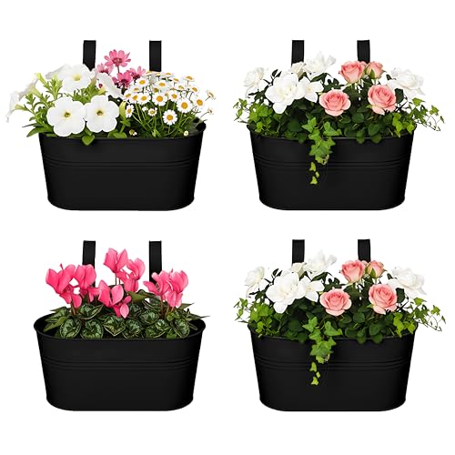 DIVCHI 4PCS Heavy Duty Metal Hanging Plant Pots 30cm Fence Railing Planters with Detachable Hooks Balcony & Garden Flowerpots with Drainage Hole Outdoor & Indoor Décor Planters (Black)