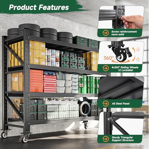 Image of Letaya 4000LBS Heavy Duty Storage Shelves with Wheels,Metal Garage Shelving Units,4 Tier Large Tall Industrial Shelving,Adjustable Utility Rack for Warehouse,Basement (Black, 55 inch W x 24 inch D x 76 inch H)