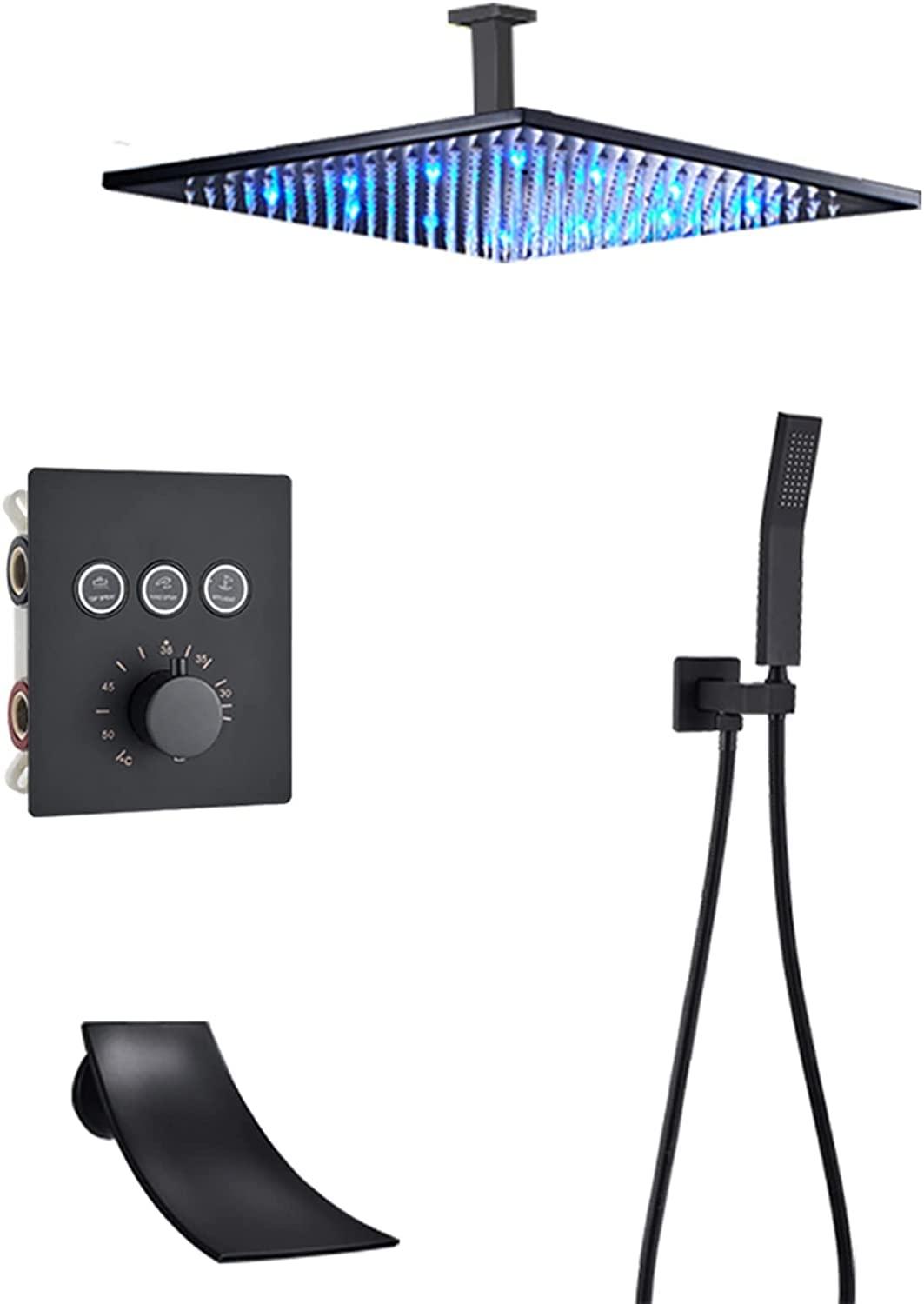 NGDFGR Concealed Shower Led Thermostatic Shower Faucet Set Matte Black Anti Scald Shower Set With Hand Shower And Rainfall Shower Head Advanced Air Injection Tenology Ceiling Mo,size_name-12 Inch