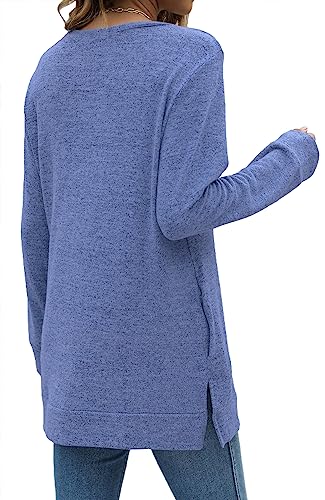 Lerucci Womens Casual Long Sleeve Loose Fall Pullover Side Split Tunic Tops With Pockets Blue Large #TOP4