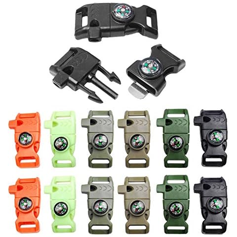 12pcs Pack Mix Colors 5/8" Compass Flint Scraper Fire Starter Whistle Buckle Plastic Paracord Bracelet Outdoor Camping Emergency Survival Travel Kits #FLC158-FWC(Mix-s) Cover