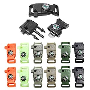 12pcs Pack Mix Colors 5/8″ Compass Flint Scraper Fire Starter Whistle Buckle Plastic Paracord Bracelet Outdoor Camping Emergency Survival Travel Kits #FLC158-FWC(Mix-s)