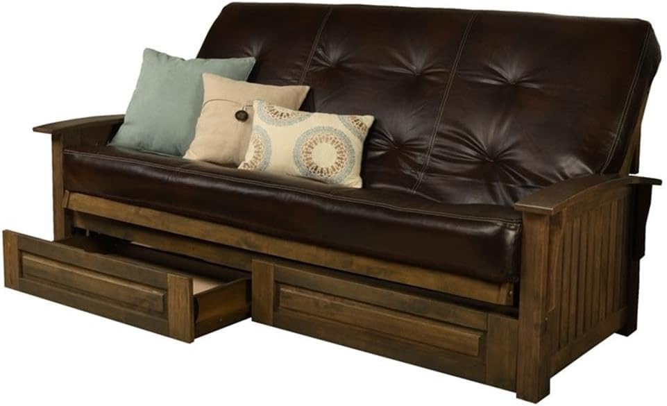 BOWERY HILL Queen-Size Wood Storage Futon, Rustic Walnut Brown Frame, 87L x 37D x 33H, Mission Style Arms, Hand-Tufted Coil Spring Java Brown Mattress, Convertible Sofa Bed for Living Room or Guest