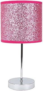 Contemporary and Novelty Pink Glitter Table Lamp with Chrome Plated Base and On-Off Switch - Perfect for Kids Bedroom - 40w Maximum SES Bulb by Happy Homewares