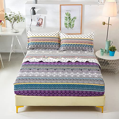 Purple Floral Sheets Set King, Boho Tribal Striped Bed Sheets, Soft Microfiber Bedding, 4 Pcs, 14" Deep Pocket Ethnic Fitted Sheet Bohemian Flat Sheets 2 Pillowcases #TOP1
