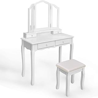 ReunionG Set with Tri-Folding Mirror and 4 Drawers, Vintage Makeup Vanity Dressing Table