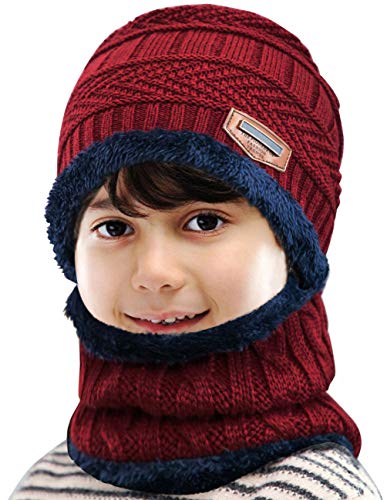 Petrunup Niños Niñas Sombrero Caliente de Punto y Bufanda Tubular con Forro de Lana,2 Piezas Roja