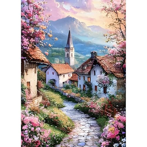 QINRUBB DIY Village Church Diamond Painting Kits, Full Drill Flowers Diamond Art Kit for Adults Beginners, 5D Path Painting by Numbers Cross Stitch DIY Craft Kits for Home Wall Decor 12x16 inch
