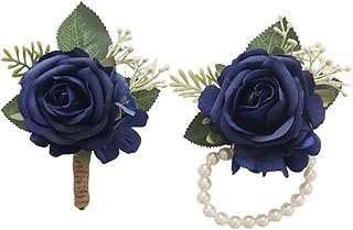 MAFELOE 2 Pieces Corsage Boutonniere Set, Artificial Flower Supplies for Wedding Prom Party Business Celebration Suit Decor- Navy Blue (M5-Y2-RM)