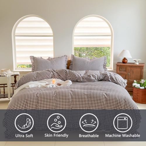 Image of NSNLGSGC Mocha Ruffle Gingham Comforter Set King, Pre-Washed Ruffled Coffee Plaid Checked Comforter Bedding, 3 Pieces Vintage Farmhouse Grid Bedding Set(Mocha Gingham, King)
