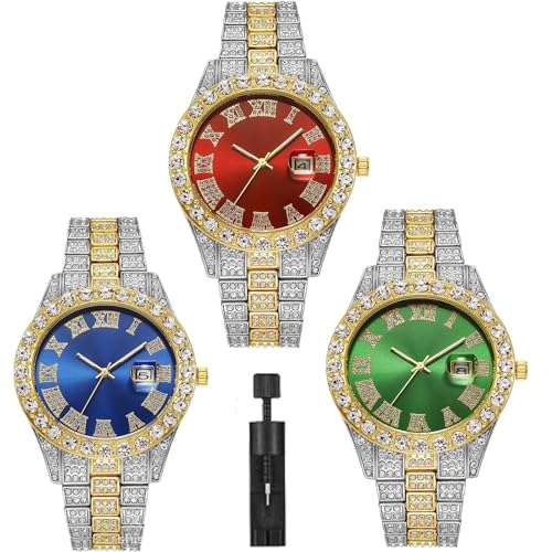 Montre à quartz avec strass homme en lot de 3 et calendrier en acier inoxydable