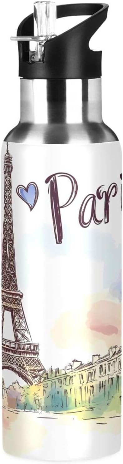 AUUXVA Sports Water Bottles Vintage France Paris Eiffel Tower Vacuum Insulated Stainless Steel Water Bottle with Straw Lid for Travel Fitness Outdoor Sports Gym, 20 oz