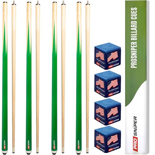 Prosniper Premium Pool Sticks Set of 4 | 58-Inch, 19-Oz Canadian Ashwood Pool Cue with Low-Deflection Shaft & 4 Extra Chalks | Pro-Grade Billiard Cue for Home & Bar Play - Green