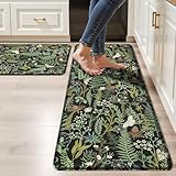 Black Green Botanical Kitchen Rugs Set of 2 Plant Leaf Anti-Fatigue Kitchen Mat Natural Comfort Standing Waterproof PVC Mats 2/5' Thick Leather Carpet for Laundry Office Sink(17.3' x28' + 17.3' x 47')